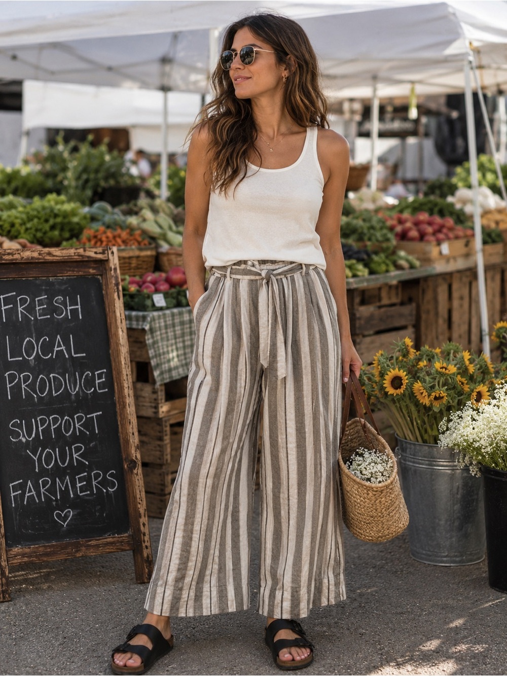 Rewind Linen Blend Wide Leg Pants XL Striped Paperbag Waist Coastal